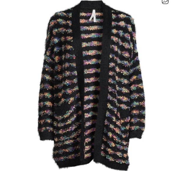 Dreamers Sweater Women’s Medium Black Rainbow Oversized Open Front Cardigan - Picture 2 of 10